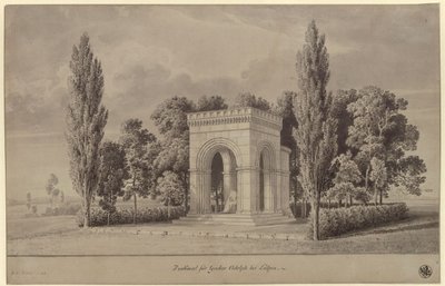Lützen. Luonnos Ruotsin kuningas Kustaa II Aadolfille omistetuksi muistomerkiksi, joka on Schwedensteinin ylle rakennettu apsiksella varustettu romaaninen halli. Näkymä tekijältä Karl Friedrich Schinkel