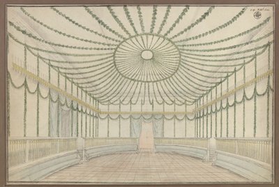 Merseburg. Linna. Luonnos salin koristeluksi Preussin Fredrik Vilhelm III:lle järjestettyjä kunnianosoitusjuhlallisuuksia varten tekijältä Karl Friedrich Schinkel