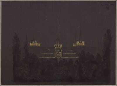 Merseburg. Linna. Suunnitelma linnan juhlavalaistukseksi Preussin kuninkaan Friedrich Wilhelm III:n kunnianosoitusjuhlallisuuksien yhteydessä tekijältä Karl Friedrich Schinkel