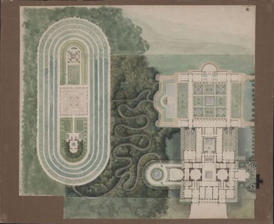 Potsdam-Sanssouci. Antiikin tyylinen maalaistalo Charlottenhofin linnan luona. Asemapiirros ja pohjapiirros tekijältä Karl Friedrich Schinkel