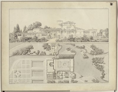 Potsdam-Sanssouci. Roomalaiset kylpylät Charlottenhofin linnan luona. Näkymä lännestä ja puutarhurintalon pohjapiirros tekijältä Karl Friedrich Schinkel
