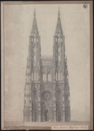 Strasbourg. Tuomiokirkko. Suunnitelma länsijulkisivun viimeistelemiseksi tekijältä Karl Friedrich Schinkel