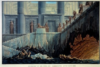 Teatterisisustus lumoavalle huilulle (Wolfgang Amadeus Mozartin ooppera "Die Zauberflote"). Kaiverrus Karl Schinkel (1781-1841) Ec. Kaikki. tekijältä Karl Friedrich Schinkel