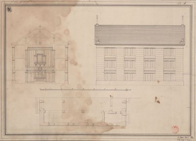 Tillendorf (Bolesławice, Liegnitzin hallintopiiri). Evankelisen kirkon luonnos. Pohjapiirros, sivujulkisivun piirros ja poikkileikkaus tekijältä Karl Friedrich Schinkel
