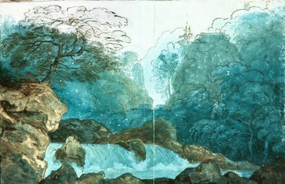 Vesiputous puussa, lavastus Undinen tuotantoon (wc paperilla) tekijältä Karl Friedrich Schinkel