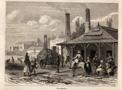 Sokeritehdas Riviere du Rempartista Mauritiukselta, piirustus Karl Girardet (1813-1871), havainnollistamaan Alfred Verneyn oleskelua Mauritiuksella vuonna 1861. Kaiverrus kirjaan "" Le tour du monde", toimittanut Edouard Charton tekijältä Karl Girardet