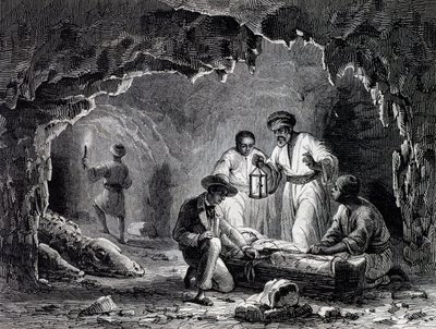 Arkeologiset löydöt Samounin luolissa, kaiverrus Karl Girardetin (1813-1871) piirustuksen perusteella tekijältä Karl Girardet