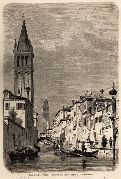 Rezonicon kanava, piirustus Karl Girardet (1813-1871), havainnollistamaan Adalbert de Beaumontin matkaa Venetsiaan, noin 1850. Kaiverrus kirjaan "" Le tour du monde", toimittanut Edouard Charton tekijältä Karl Girardet