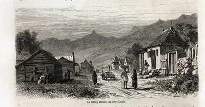Leirikreoli, Port Louisissa, piirustus Karl Girardet (1813-1871), havainnollistamaan Alfred Verneyn oleskelua Mauritiuksella vuonna 1861. Kaiverrus kirjaan "" Le tour du monde", toimittanut Edouard Charton tekijältä Karl Girardet