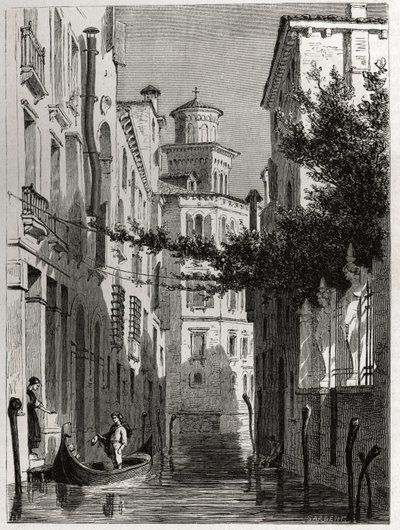 Bianca Cappellon palatsi Venetsiassa, Venetsiassa. piirustus Karl Girardet (1813-1871), havainnollistaa Adalbert de Beaumontin matkaa Venetsiaan noin 1850. Kaiverrus kirjaan "" Le tour du monde", toimittanut Edouard Charton tekijältä Karl Girardet