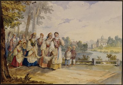 Venäläiset talonpoikatytöt juhlapuvussa, 1845 tekijältä Karl Ivanovich Kolmann