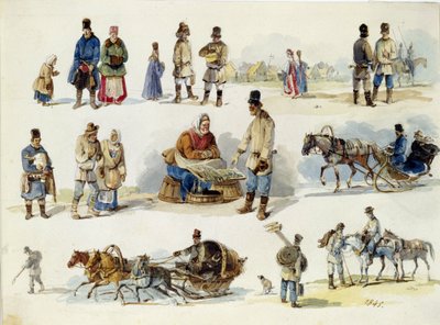 Venäjän kansantyypit. (Venäjän kansantyypit). Karl Ivanovich Kolmanin (1786-1846) työ, akvarelli pahville tekijältä Karl Ivanovich Kolmann