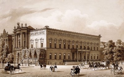 Unter den Linden, Berliini. Prinssi Wilhelmin palatsi, jonka Karl Langhans rakensi 1834-36, ja Kuninkaallinen kirjasto, jonka Georg Christian Unger rakensi 1775-78 Josef Emanuel Fischer von Erlachin suunnitelmien mukaan, näkymät Platz am Opernhausille, tekijältä Karl Loeillot Hartwig