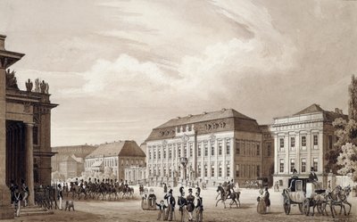 Unter Den Linden, Berliini, n. 1840 (akvarelli) tekijältä Karl Loeillot de Mars