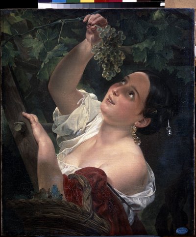 Keski-italialainen päivä (italialainen keskipäivä). Nuori nainen, paljas olkapää poimimassa rypäleterttua - Karl Pavlovich Briullov (Briullov) (1799-1852) maalaus - öljy kankaalle tekijältä Karl Pavlovich Bryullov