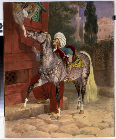 Tapaaminen Konstantinopolissa (nykyisin Istanbul, Turkki). Turbaanissa pukeutunut nuori mies houkuttelee nuoren tytön, joka kumartuu ikkunasta tarjotakseen sokeria hevoselleen. Taustalla basilika ja Pyhän Sofian moskeija. Taidetta Karl Pavlovich tekijältä Karl Pavlovich Bryullov