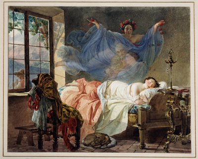 Unelmia nuoresta tytöstä aamulla - Karl Pavlovich Briullov (Brioullov) (1799-1852) työ - Vesiväri pahville tekijältä Karl Pavlovich Bryullov