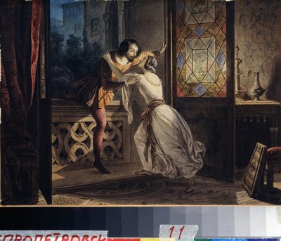 Romeo ja Julia (Romeo ja Julia). Mies kiipeää parvekkeelle löytääkseen naisen salaiselta tapaamiselta. Karl Pavlovich Briullov (Bryullov) (1799-1852) maalaus. Akvarelli pahville, n. 1830, 23,2 x 31,5 cm, venäläistä taidetta tekijältä Karl Pavlovich Bryullov