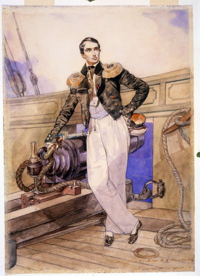Vladimir Aleksejevitš Kornilov 1806-1854) Themistokleen laivalla. (Vladimir Aleksejevitš Kornilov Themistokleen laivalla). Merivoimien upseeri ja Mustanmeren laivaston esikuntapäällikkö, Krimin sodan sankari (1853-1856), seisoo tekijältä Karl Pavlovich Bryullov