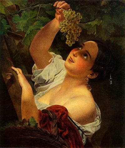 Italialainen keskipäivä, italialainen tyttö poimii viinirypäleitä tekijältä Karl Pavlovich Bryullov