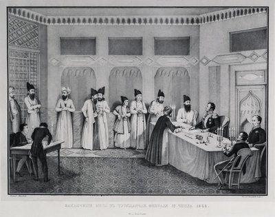 Turkmenchayn sopimuksen allekirjoittaminen 1828 tekijältä Karl Petrovich Beggrov