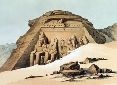 Abu Simbelin kalliotemppeli". Litografia Karl Richard Lepsiuksen (1810-1884) preussilaisen egyptologin mukaan. Ramses II:n (hallitsi noin 1304-1273 eaa.) patsaita päätemppelin ulkopuolella. Arkeologia Uskonto Mytologia Muinainen Egypti tekijältä Karl Richard Lepsius