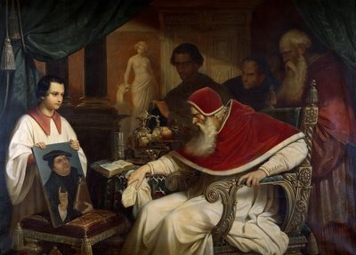 Paavi Paavali III 1468-1549 katsomassa Cranachin muotokuvaa Lutherista, 1838-1839. tekijältä Karl Schorn