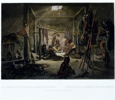 Mandanipäällikön majan sisustus, kaiverrus Narcisse Edmond Desmadryl (s.1801) n. 1835 (kaiverrus akvatintalla) tekijältä Karl after Bodmer