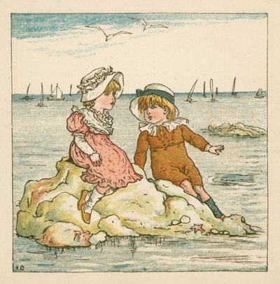Poika ja tyttö jumissa kivellä (väri litho) tekijältä Kate (after) Greenaway