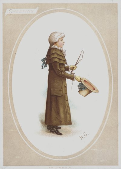 Poika pitkässä ruskeassa takissa, peruukki, pitelee hattua ja metsästyspiiskaa (väri litho) tekijältä Kate (after) Greenaway