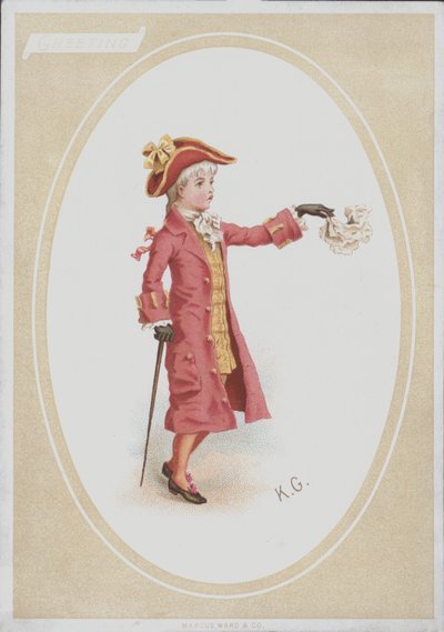Poika punaisessa puvussa, heiluttava nenäliina (väri litho) tekijältä Kate (after) Greenaway