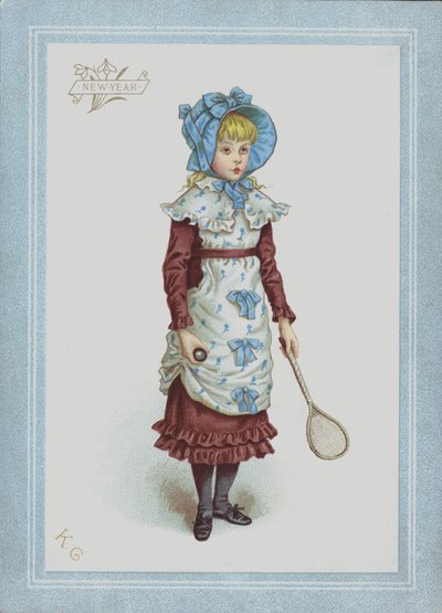 Tyttö mekossa ja konepellissä, kädessään sulkapallo ja maila (väri litho) tekijältä Kate (after) Greenaway