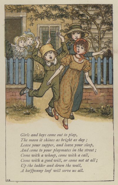 Tytöt ja pojat tulevat ulos leikkimään (väri litho) tekijältä Kate (after) Greenaway