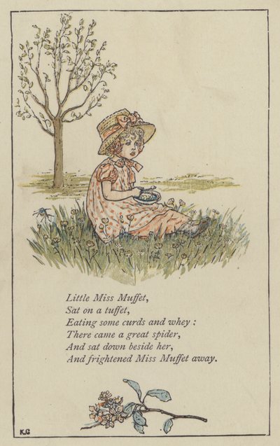 Little Miss Muffet (väri litho) tekijältä Kate (after) Greenaway