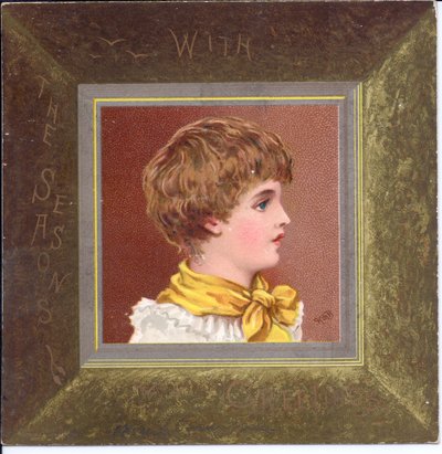 Viktoriaaninen uudenvuoden kortti, jossa on tyttö, jolla on regenttipuku ja sininen lippalakki, n.1880. tekijältä Kate Greenaway