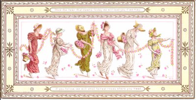 Viktoriaaninen onnittelukortti, jossa on lapsi, jolla on keltainen huivi kaulassaan, noin 1880. tekijältä Kate Greenaway