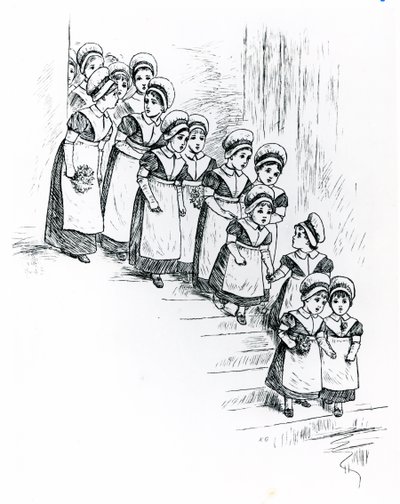 Hyväntekeväisyyslapset, n.1880 (kaiverrus) tekijältä Kate Greenaway