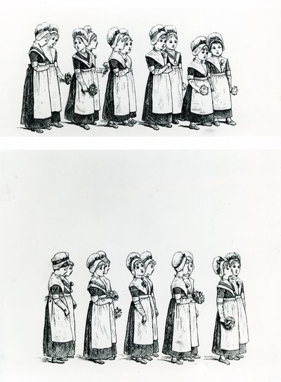 Hyväntekeväisyyslapset, n.1880 (kaiverrus) tekijältä Kate Greenaway