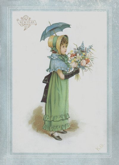 Tyttö vihreässä mekossa, kädessään päivänvarjo ja kukkakimppu tekijältä Kate Greenaway