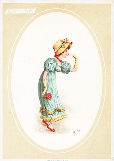 Onnittelukortti (chromolitho) tekijältä Kate Greenaway