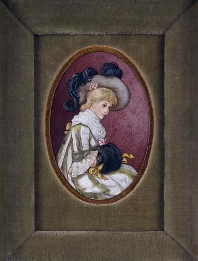 Soikea muotokuva blondista tytöstä, jolla on hattu ja kädet muhvinsa sisällä tekijältä Kate Greenaway
