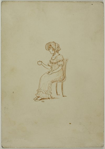 Istuva tyttö pitelee teekuppia tekijältä Kate Greenaway