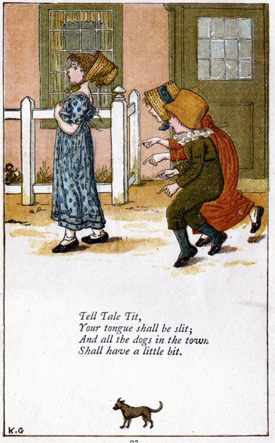 Kertokaa tissi / kielesi on viillettävä: Kate Greenawayn (1846-1901) kuvitus lastenlorukirjaan. Kromolitografia tekijältä Kate Greenaway