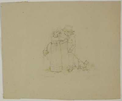 Kaksi lasta koiran kanssa tekijältä Kate Greenaway
