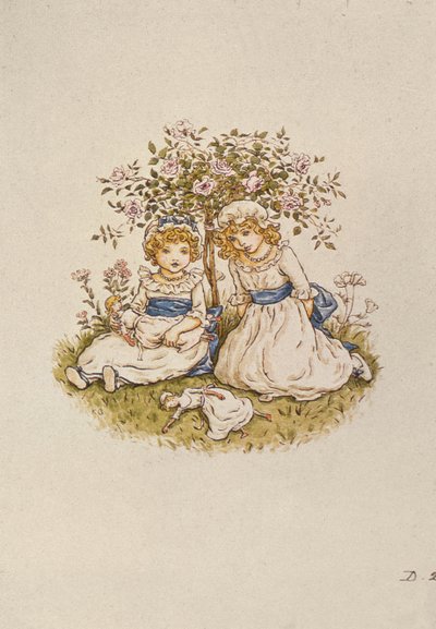 Kaksi tyttöä nukkeineen istumassa ruusupensaan alla, 1800-luku tekijältä Kate Greenaway
