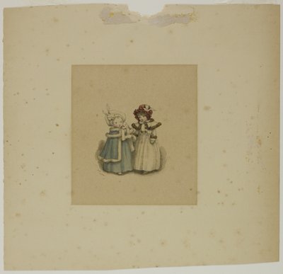 Kaksi pientä tyttöä turkisreunustettuun takkiin tekijältä Kate Greenaway