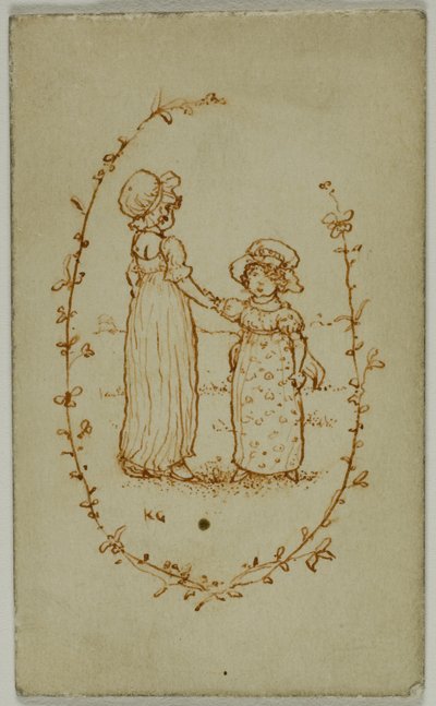 Kahden tytön vinjetti (recto); Athena (käänteinen) tekijältä Kate Greenaway