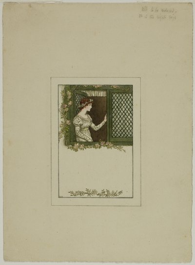 Nainen ristikkoikkunassa tekijältä Kate Greenaway