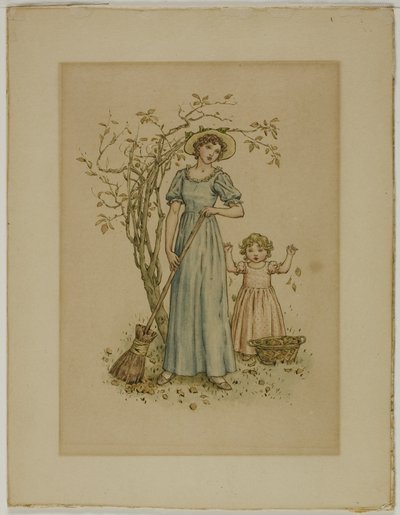Nainen luudan ja pikkutytön kanssa tekijältä Kate Greenaway