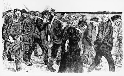Työläisten mielenosoitus, Kathe Kollwitzin (1867-1945) kuvitus oopperaan Die Weber (The Weavers) tekijältä Käthe Kollwitz